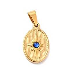 Golden Vacuum Plating 304 Stainless Steel Pendants, with 201 Stainless Steel Snap On Bails and Sapphire Rhinestone, Oval with Star, Golden, 21x13x3.5mm, Hole: 6x4mm