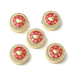 Красный Латунные микро проложить кубического циркония бусы, с эмалью и ракушкой, долговечный, без свинца и без кадмия, реальный 18 k позолоченный, плоско-круглые с сердцем, красные, 12x5.5 мм, отверстие : 2 мм