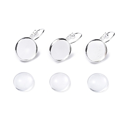 Silver DIY Earring Making, with Brass Leverback Earring Findings and Transparent Oval Glass Cabochons, Silver Color Plated, Cabochons: 13.5~14x4mm, 1pc/set, Earring Findings: 25~27x16mm, Tray: 14mm, Pin: 0.8mm, 1pc/set