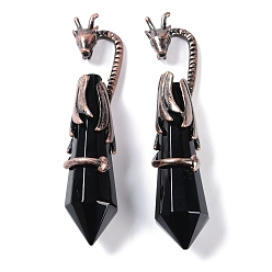 Обсидиан Большие подвески из натурального обсидиана с ограненными заостренными пулями, стойка с латунными подвесками в виде дракона, без свинца и без кадмия, Красная медь, 73.5~78.5x15.5~16.5x15.5~16.5 мм, отверстие : 4x2.5 мм