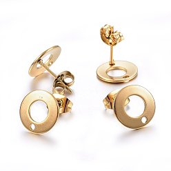 Golden Ion Plating(IP) 304 Stainless Steel Stud Earring Findings, with Loop & Earring Backs, Flat Round, Golden, 10x1mm, Hole: 1.5mm, Pin: 0.8mm