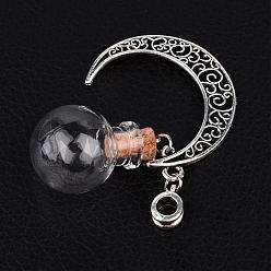 Antique Silver Round with Moon Glass Wishing Bottle European Dangle Charms, with Tibetan Style Alloy Hollow Pendants, Iron Findings and Tibetan Style Alloy Hangers, Antique Silver, 55mm, Hole: 5mm, Capacity: 1ml(0.03 fl. oz)