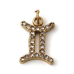 Близнецы 304 прелести нержавеющей стали, со стразами, ионное покрытие (ip), золотые, Близнецы, 13.5x9.5x2 мм, Перейти кольцо: 4x0.8 мм, внутренний диаметр: 3 мм