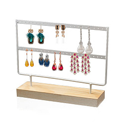 White Double Levels Rectangle Iron Earring Display Stand, Jewelry Display Rack, with Wood Findings Foundation, White, 29.3x6.9x21.5cm