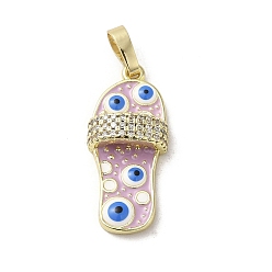 Lilac Brass Micro Pave Cubic Zirconia Pendants, with Enamel, Real 18K Gold Plated, Slipper
 with Evil Eye, Lilac, 23x10.5x5mm, Hole: 3.5x5.5mm