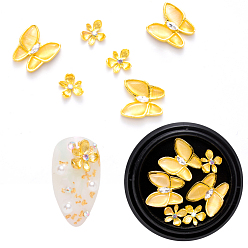 Golden Nail Art Decoration Accessories, with Alloy, Rhinestone and Resins, Flower & Butterfly, Golden, 12.5x12x3mm & 8x7x2mm, 6pcs/box