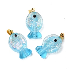 Светло-Голубой Подвески ручной работы из дихроичной фольги в технике лэмпворк, с латунной фурнитурой , очарование рыбы, Небесно-голубой, 22.5~23.5x12.5~13x8.5~9.5 мм, отверстие : 4.5x4 мм