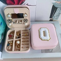 Letter Q Letter Imitation Leather Jewelry Organizer Case with Mirror Inside, for Necklaces, Rings, Earrings and Pendants, Square, Pink, Letter Q, 10x10x5.5cm