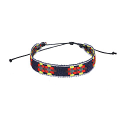 Rectangle Cotton Flat Cord Bracelet with Wax Ropes, Braided Ethnic Tribal Adjustable Bracelet for Women, Rectangle, 7-1/4 inch(18.5cm)