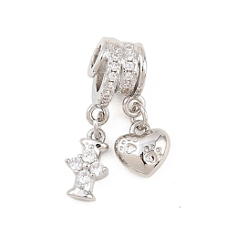 Letter I Латунные микропаве прозрачные подвески с фианитом, сердце прелести, долговечный, стойки покрытие, без кадмия и без свинца, платина, Буква "i", 24 мм, отверстия : 3 mm и 4 мм, Сердце: 8.5x8x3.5 mm, Письмо: 10.5x6x3.5 мм