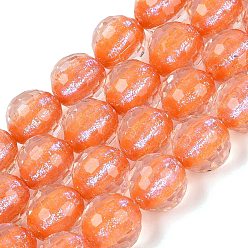 Coral Resin Beads Strands, Bead in Bead, with Glass & Glitter Powder Inside, Round, Faceted(96 Facets), Coral, 9~10mm, Hole: 0.7mm, about 49~51pcs/strand, 18.50~19.29 inch(47~49cm)