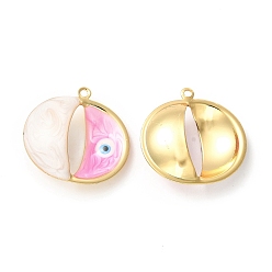 Pearl Pink Brass Pendants, with Enamel, Real 18K Gold Plated, Long-Lasting Plated, Flat Round with Evil Eye Charm, Pearl Pink, 25x25x8mm, Hole: 1.4mm