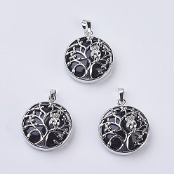 Black Agate Natural Black Agate Pendants, with Brass Findings, Flat Round with Tree of Life, Platinum, 31~32x27x8~9mm, Hole: 5x7mm