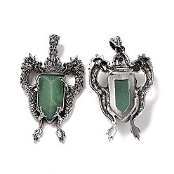 Зеленый Авантюрин Натуральный зеленый авантюрин граненые большие подвески, прелести дракона, со сплавочной фурнитурой античного серебряного тона, 52x33x8 мм, отверстие : 6x4 мм