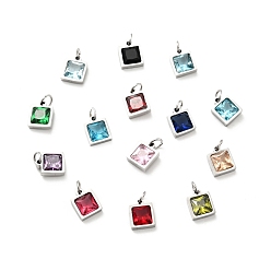 Mixed Color 304 Stainless Steel Pendants, with Cubic Zirconia and Jump Rings, Single Stone Charms, Square, Stainless Steel Color, Mixed Color, 9.5x8x3.5mm, Hole: 3.4mm