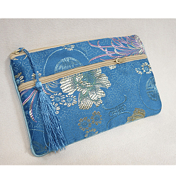 Bleu Ciel Foncé Pochettes d'emballage de bijoux en satin à motif de fleurs de style chinois, sacs cadeaux avec fermeture éclair et breloque pompon, rectangle, bleu profond du ciel, 11x17.5 cm
