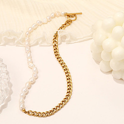 White Natural Pearl Beaded Necklaces, with Stainless Steel Curb Chains, White, 17.72 inch(450mm)