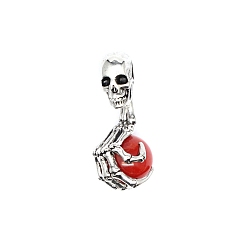 Other Jade Halloween Skull Natural Dyed Red Jade Alloy Pendants, Skeleton Hand Charms with Gems Sphere Ball, Antique Silver, 43x19mm