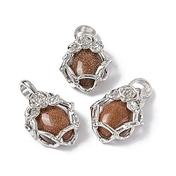 Камень с Пылевым Золотом Синтетические голдстоуновские подвески, овальные амулеты, с фурнитурой в виде розы из латуни платинового цвета, без кадмия, без никеля и без свинца, 25~26x19~19.5x9~9.5 мм, отверстие : 7.5x5.5 мм