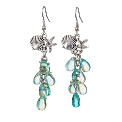 Light Sea Green Shell with Starfish Shape Alloy Dangle Earrings, Glass Cluster Earrings, Light Sea Green, 65x18mm