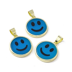 Natural Agate Natural Agate Dyed Pendants, Flat Round with Smiling Face Charms, with Rack Plating Golden Tone Brass Findings, Cadmium Free & Lead Free, 21x18.5x3mm, Hole: 4x6mm