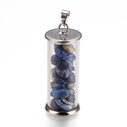 Lapis Lazuli Alloy & Glass Wish Bottle Pendants, with Natural Lapis Lazuli Chips, Platinum, Column, 35x13.5mm, Hole: 4x3.5mm