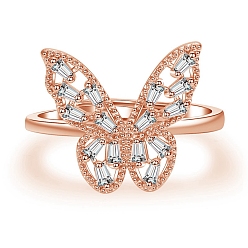 Rose Gold Brass Micro Pave Cubic Zirconia Ajustable Rings for Women, Butterfly, Rose Gold, Inner Diameter: 16mm