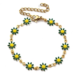 Green Ion Plating(IP) Golden 304 Stainless Steel Flower Link Chain Bracelets with Enamel, Green, 6-1/2 inch(16.5cm)