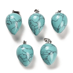 Turquoise Synthetic Turquoise Dyed Pendants, with Platinum Plated Iron Snap on Bails, Teardrop, 24~25x15~16mm, Hole: 7x3.5mm