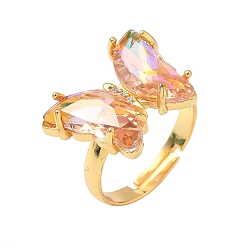 Золотистый Регулируемые латунные пальцевые кольца, с четким кубического циркония, бабочка, золотые, золотые, Размер 7, внутренний диаметр: 17 мм