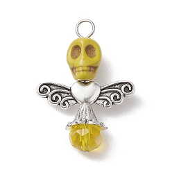 Светло-хаки Подвески из синтетической бирюзы и стекла, Подвески в виде черепа с крыльями из сплава, светлый хаки, 32x23.5x10 мм, отверстие : 3.5 мм