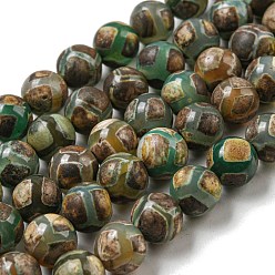 Other Pattern Tibetan Style dZi Beads Strands, Natural & Dyed Agate Beads, Round, Medium Sea Green, Turtle Back Pattern, 10mm, Hole: 1.4mm, about 37pcs/strand, 14.57''(37cm)