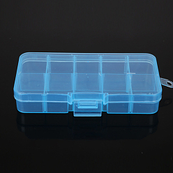 Deep Sky Blue 10 Grids Transparent Plastic Removable Bead Containers, with Lids and Deep Sky Blue Clasps, Rectangle, Deep Sky Blue, 12.8x6.5x2.2cm