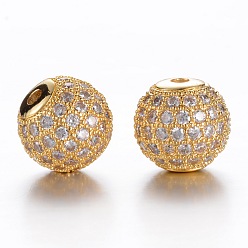 Golden Round 925 Sterling Silver Beads, with Micro Pave Cubic Zirconia, Golden, 8mm, Hole: 1mm