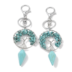 Synthetic Turquoise Natural Turquoise & Synthetic Turquoise Keychain, with Platinum Brass & Iron Findings, Long-Lasting Plated, Lead Free & Cadmium Free, Flat Round with Tree of Life, 15.7cm