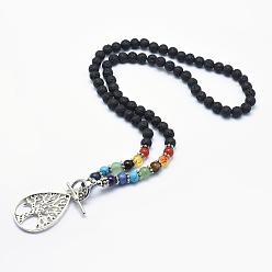 Lava Rock Tibetan Style Alloy Pendant Necklaces, with Natural Lava Rock Beads and Toggle Clasps, Teardrop with Tree
, 21.2 inch(54cm)
