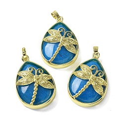 Белый Нефрит Естественно окрашенные белый нефрит кулоны, с фурнитурой латунной золотого тона, без свинца и без кадмия, слезинка с подвесками в виде стрекоз, глубокое синее небо, 40~40.5x26~26.5x8.5~9.5 мм, отверстие : 7~8x4.5~5 мм