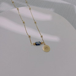 (306FM) Жонкиль матовый с лаймовой подкладкой Натуральная голубая пятнистая яшма и плоская круглая нержавеющая сталь с подвеской в виде глаза, ожерелья из шариковой цепи для женщин, золотые