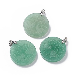 Green Aventurine Natural Green Aventurine Pendants, Flat Round Charms with Tree of Life Pattern, with Rack Plating Platinum Tone Brass Findings, Cadmium Free & Lead Free, 30x4~8mm, Hole: 4x4mm