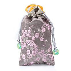 Rosy Brown Chinese Style Silk Drawstring Jewelry Gift Bags, Jewelry Storage Pouches for Cell Phone, Rectangle with Plum Bossom Flower Pattern, Rosy Brown, 15x9cm