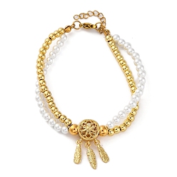 Цветок Латунь многожильных браслеты, браслеты со стразами для женщин, ионное покрытие (ip), реальный 18 k позолоченный, с пластиковой жемчужиной и 304 карабином из нержавеющей стали, цветок, 7-1/4 дюйм(18.5см)+30.5удлинитель мм