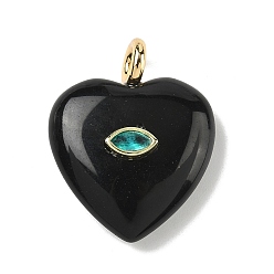 Обсидиан Природные подвески обсидиана, подвески в форме сердца с латунной микрофиброй и фианитами, реальный 18 k позолоченный, долговечный, стойки покрытие, 31x25x10 мм, отверстие : 4 мм