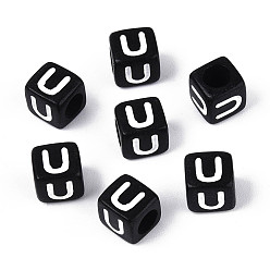 Letter U Начальные акриловые бусины с горизонтальной дырочкой, кубические, чёрные, Буква U, 6x6x6 мм, отверстие : 3.5 мм, 3330 шт / 500 г