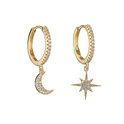 Golden Clear Cubic Zirconia Star & Moon Asymmetrical Earrings, Brass Dangle Hoop Earrings for Women, Golden, 29~33x17.5x2mm
