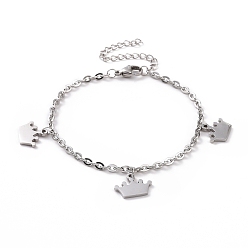 Stainless Steel Color 304 Stainless Steel Crown Charm Bracelet with Cable Chains for Women, Stainless Steel Color, 7-1/8 inch(18cm)