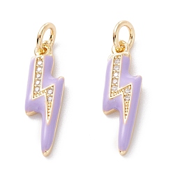 Lilac Brass Micro Pave Clear Cubic Zirconia Pendants, with Enamel & Jump Ring, Long-Lasting Plated, Lightning Bolt, Real 18K Gold Plated, Lilac, 19x5.5x2mm, Hole: 3.6mm