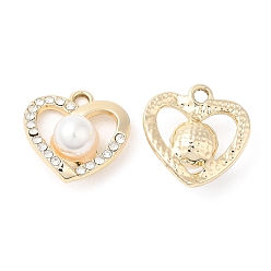 Golden UV Plating Alloy Rhinestone Pendants, with ABS Plastic Imitation Pearl, Cadmium Free & Lead Free, Heart Charms, Golden, 18x17.5x9mm, Hole: 2mm