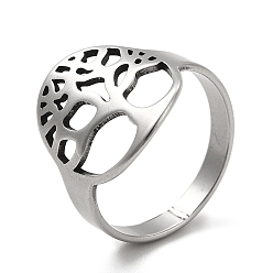 Stainless Steel Color Tree of Life 201 Stainless Steel Finger Rings, Hollow Out Wide Band Rings for Women, Stainless Steel Color, US Size 6(16.5mm), Tree: 16.5x13.5mm