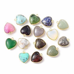 Mixed Stone Natural & Synthetic Mixed Gemstone Pendants, with Golden Plated Brass Findings, Heart Charms, Mixed Dyed and Undyed, 18~19x15~17x7~10mm, Hole: 2mm