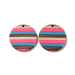 Colorful Opaque Resin & Walnut Wood Pendants, Flat Round Charm, Colorful, 30x3.5mm, Hole: 2mm